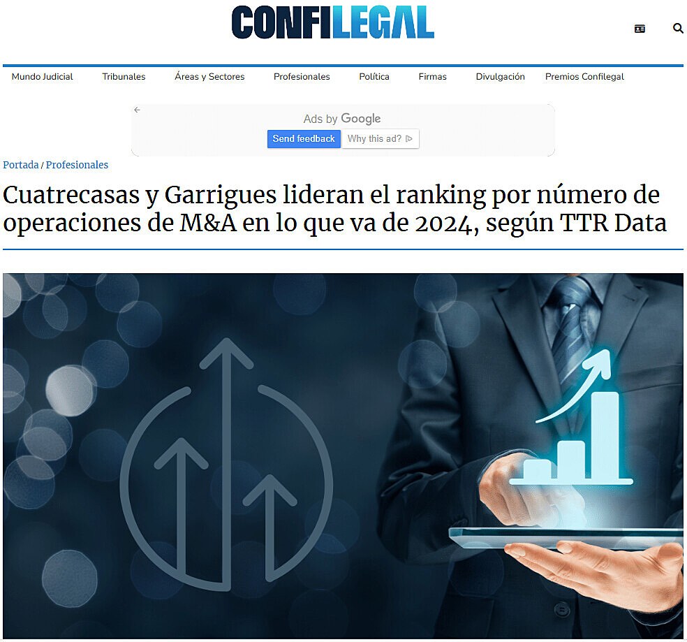 Cuatrecasas y Garrigues lideran el ranking por nmero de operaciones de M&A en lo que va de 2024, segn TTR Data